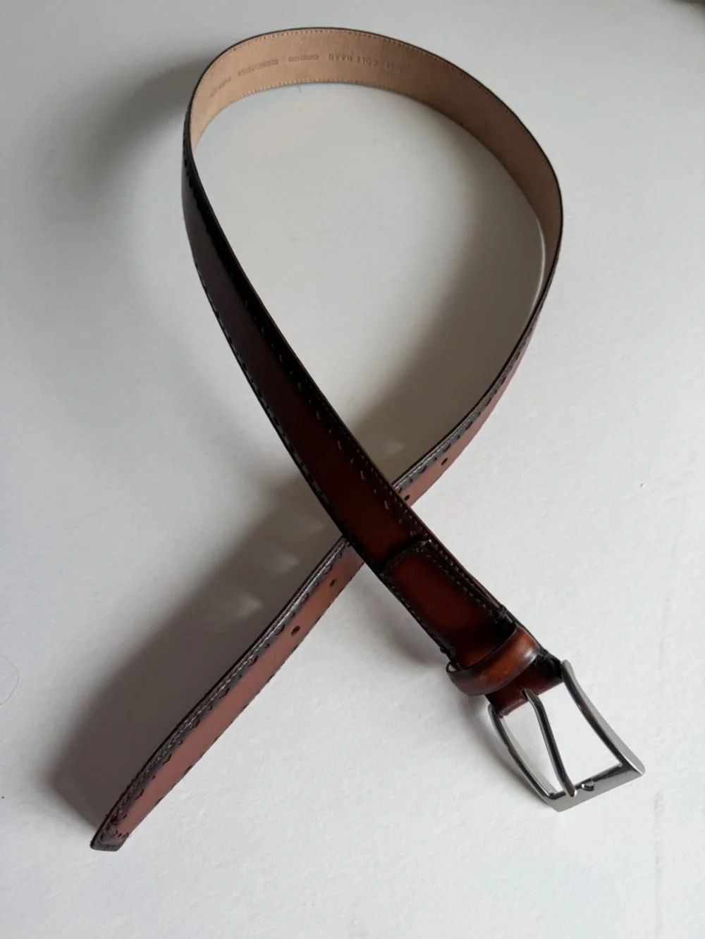 Cole Haan Mens Brown Leather Belt Burnished Stitched Detail - Size 34 - Picture 7 of 7